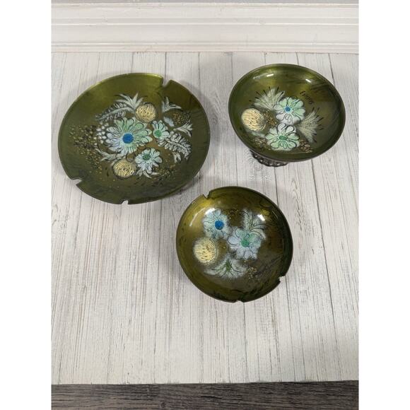Vintage Sascha Brastoff MCM Enamel Copper Green Floral Plate Ashtray LOT 3 - Picture 2 of 16